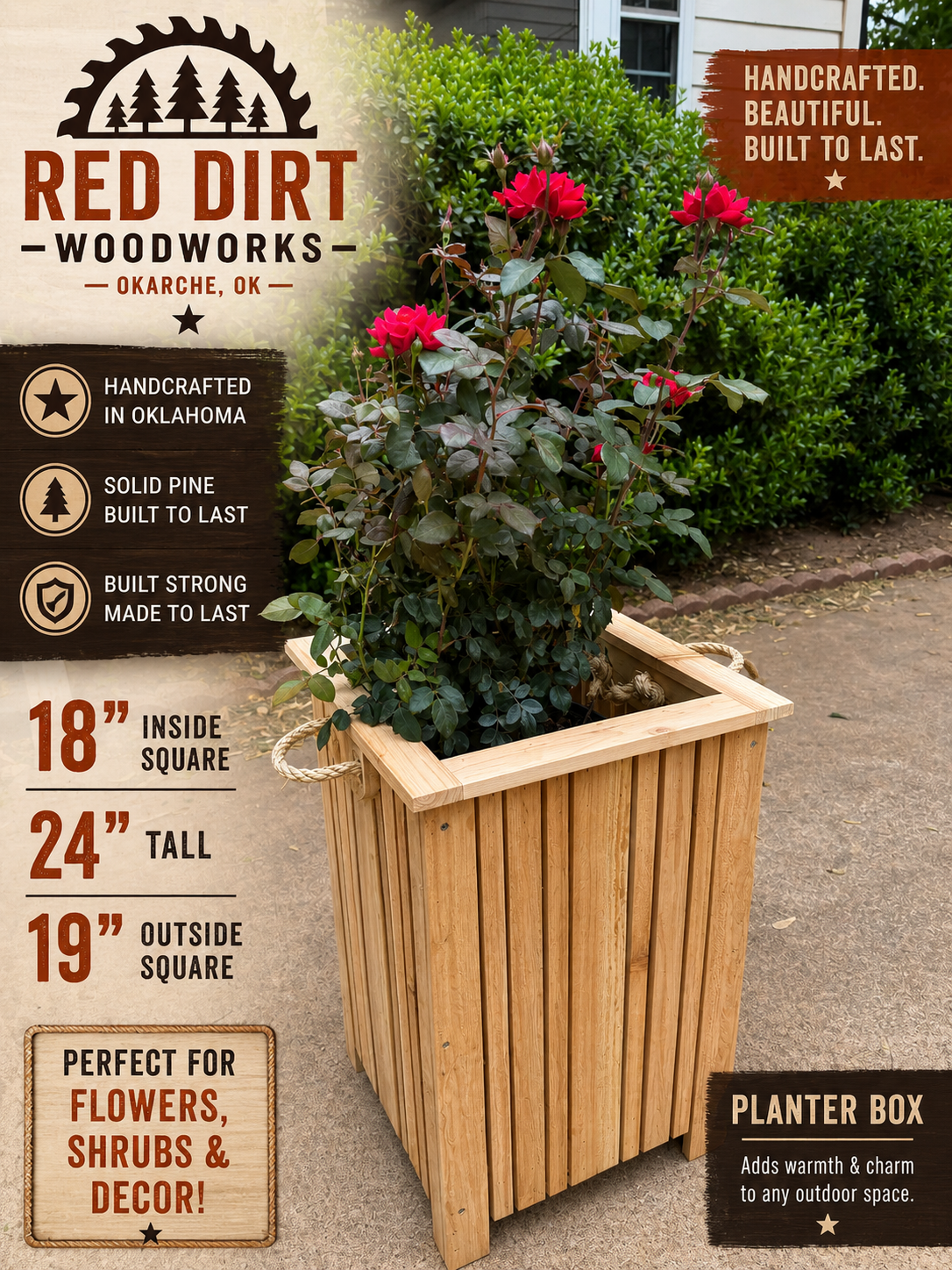 Rustic Cedar Wood Planter with Vertical Slats & Rope Handles