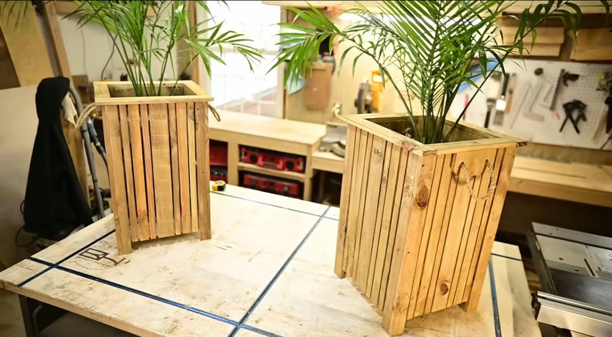 Rustic Cedar Wood Planter with Vertical Slats & Rope Handles