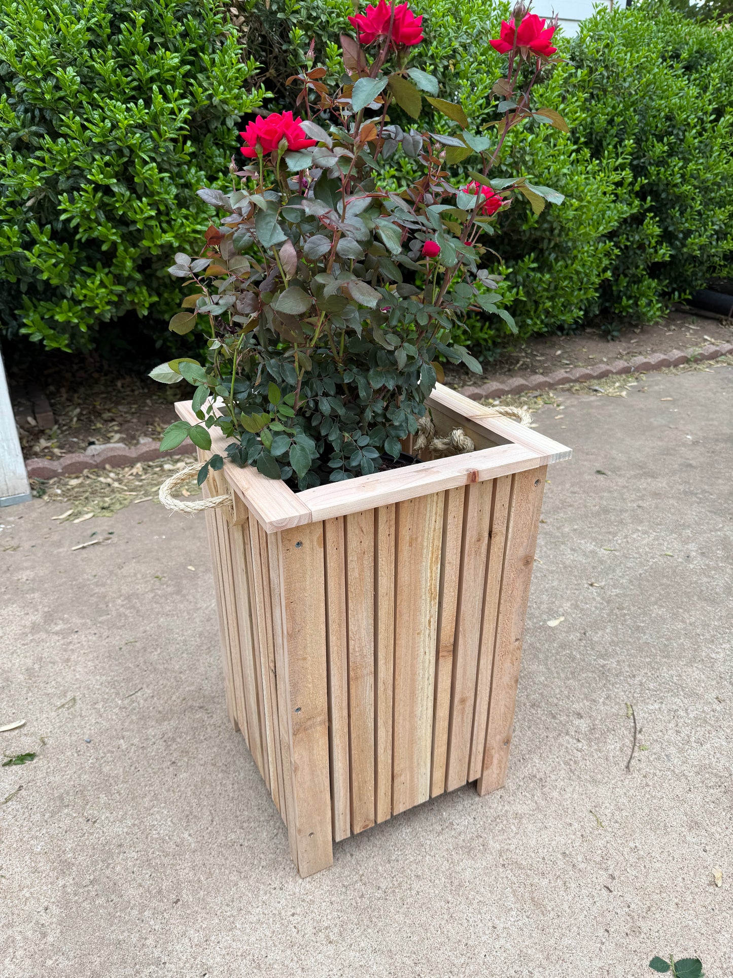 Rustic Cedar Wood Planter with Vertical Slats & Rope Handles