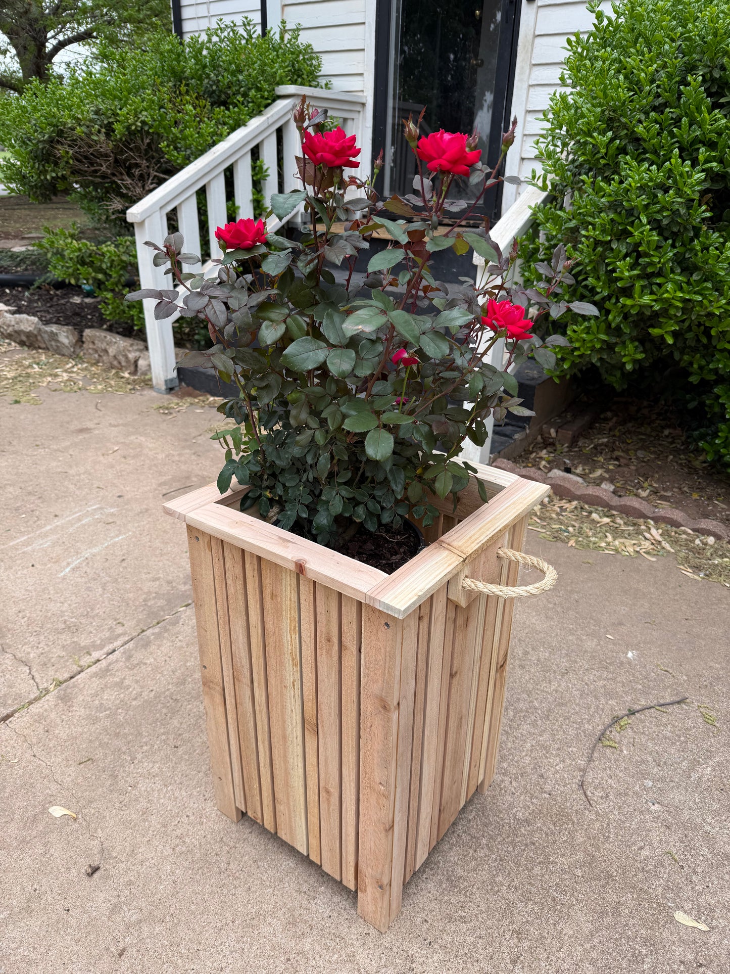 Rustic Cedar Wood Planter with Vertical Slats & Rope Handles